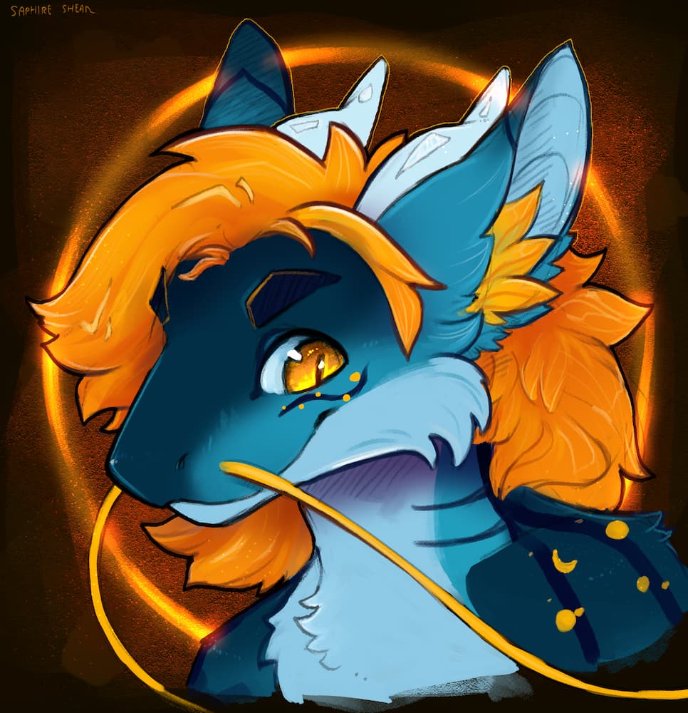 A furred blue dragon with orange hair on an orange background named quark, drawn by gargoyleturmoil on bluesky